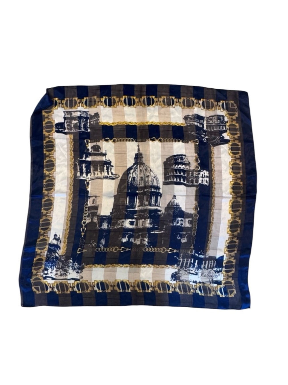 Vintage Raffaello Roma Scarf Rome Architecture Square Blue White Gold Silky
